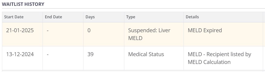 Example - Meld suspension shown in waitlist history