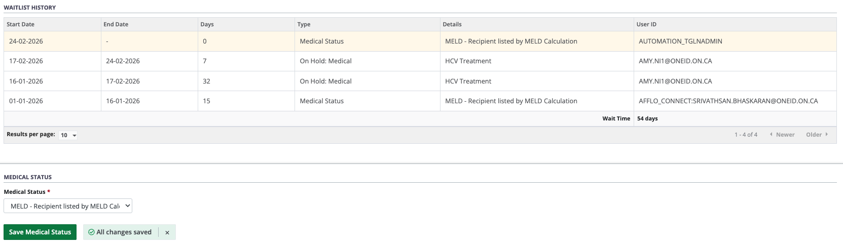 Example - Waitlist history and medical status form